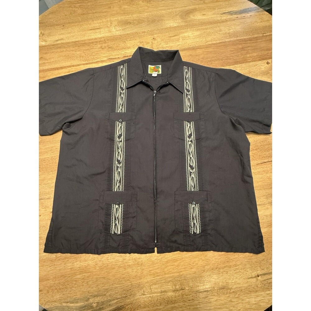 Haband Guayabera Mens 2X Black And White Embroidered Zip Front Shirt